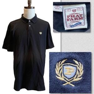 PHAT FARM Vintage Pique Polo Shirt Black 2XL Logo Preppy Hip Hop Oversized